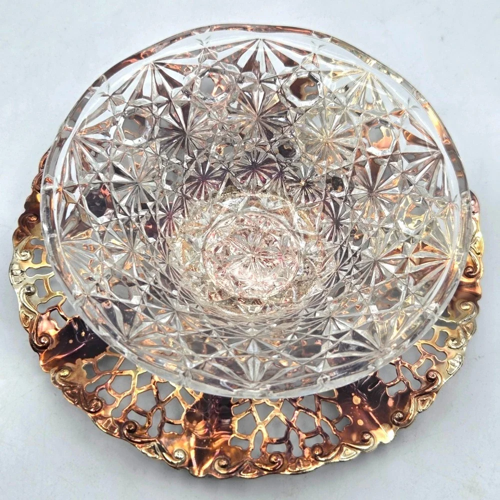 Queen‎ Anne Royal Party Dish w/Spoon Glass Bowl Gold Color Silver Plated England